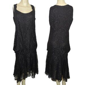 Vintage Damianou Black Lace Dress Sz L Drop Waist Sleeveless Cocktail Evening
